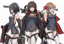 Rule 34 | 3girls, automatic grenade launcher, backless outfit, belt, binoculars, black hair, blue eyes, breasts, brown hair, chinese clothes, cleavage, commentary request, crew-served weapon, detached sleeves, girls&#039; frontline, gluteal fold, grenade launcher, haguruma c, hair rings, headphones, jacket, long hair, looking at viewer, medium breasts, multiple girls, open mouth, qlz-87, qlz-87 (girls frontline), red eyes, short hair, sleeveless, weapon, white background, yellow eyes