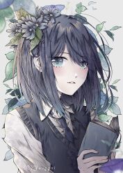 Rule 34 | 1girl, black sweater vest, blue bow, blue bowtie, blue eyes, blue flower, blue hair, blurry, blurry foreground, blush, book, bow, bowtie, collared shirt, commentary, flower, gradient hair, grey background, hair between eyes, hair flower, hair ornament, holding, holding book, kurokawa akane, kyuuseisha, light blue hair, long sleeves, looking at viewer, medium hair, multicolored hair, muted color, oshi no ko, parted bangs, parted lips, shirt, sidelocks, simple background, solo, sweater vest, twitter username, upper body, white background, white shirt