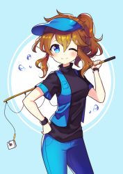 Rule 34 | 1girl, absurdres, black shirt, blue eyes, blush, bracelet, brown hair, character request, closed mouth, denim, fishing rod, hand on own hip, highres, holding, holding fishing rod, jeans, jewelry, looking at viewer, offbeat, one eye closed, pants, rhythm tengoku, shirt, short hair, short ponytail, short sleeves, sidelocks, smile, solo