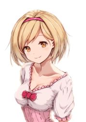 Rule 34 | 1girl, blonde hair, bow, breasts, brown eyes, cleavage, closed mouth, collarbone, djeeta (granblue fantasy), granblue fantasy, hair intakes, hairband, looking at viewer, medium breasts, pink hairband, red bow, shirt, short hair, short sleeves, simantiu, simple background, smile, solo, upper body, white background, white shirt