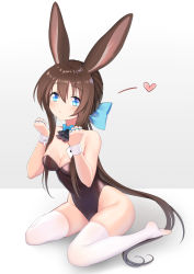 Rule 34 | 1girl, absurdres, amiya (arknights), animal ears, arknights, black leotard, blue bow, blue bowtie, blue eyes, bow, bowtie, breasts, brown hair, cleavage, detached collar, fake animal ears, highres, leotard, long hair, low ponytail, luobo1220, playboy bunny, ponytail, rabbit ears, rabbit girl, sitting, small breasts, solo, strapless, strapless leotard, thighhighs, wariza, white background, white thighhighs, wrist cuffs