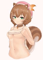 Rule 34 | 1girl, :3, acorn, animal ear fluff, animal ears, ayunda risu, ayunda risu (1st costume), beret, blush, breasts, brown hair, closed mouth, clothes lift, dress, dress lift, fur choker, green eyes, hair ornament, hat, highres, hololive, hololive indonesia, leaf hair ornament, lifted by self, long hair, low twintails, medium breasts, multicolored hair, navel, no bra, simple background, sleeveless, sleeveless dress, solo, spaghetti strap, squirrel ears, squirrel girl, squirrel tail, stomach, tail, telomere, twintails, two-tone hair, underboob, upper body, virtual youtuber, white background, white dress