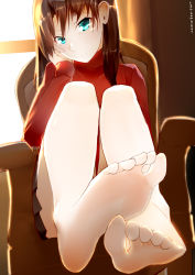 Rule 34 | 1girl, armchair, barefoot, blue eyes, brown hair, chair, fate/stay night, fate (series), feet, hand on own face, head rest, highres, ju yorimoto, long hair, looking at viewer, pov, sitting, smile, soles, toes, tohsaka rin, twintails