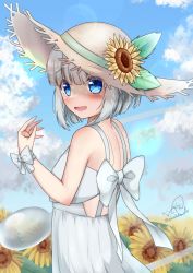 Rule 34 | 1girl, artist name, bare shoulders, blue eyes, blue sky, blush, bow, breasts, brown hat, cloud, cloudy sky, dress, eyes visible through hair, flower, from behind, ghost, hair between eyes, hand up, hat, highres, konpaku youmu, konpaku youmu (ghost), leaf, medium breasts, open mouth, rital, shadow, short hair, silver hair, sky, sleeveless, smile, solo, sunflower, touhou, white bow, white dress, wrist cuffs, yellow flower