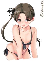 Rule 34 | 1girl, alternate costume, ayanami (kancolle), bikini, black bikini, blush, breasts, brown eyes, brown hair, ebifurya, hair ribbon, kantai collection, long hair, looking at viewer, md5 mismatch, open mouth, resolution mismatch, ribbon, side ponytail, simple background, small breasts, smile, solo, source larger, swimsuit, white background