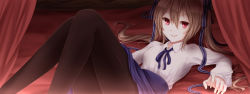 Rule 34 | 1girl, artoria pendragon (all), artoria pendragon (fate), aru gunsou, bad id, bad pixiv id, bed, blouse, brown hair, brown pantyhose, canopy bed, cosplay, fate (series), gradient background, hair ribbon, highres, long sleeves, looking at viewer, lying, meme attire, on back, on bed, original, pantyhose, phantasy star, phantasy star online 2, pink eyes, ribbon, saber (fate), saber (fate) (cosplay), shirt, skirt, smile, solo, twintails, virgin killer outfit, white shirt