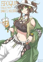 Rule 34 | 1girl, animal ears, arknights, bare shoulders, belt, black shirt, blue background, bonjirix, breasts, brown hair, cleavage, coat, cowboy shot, crop top, cup, dated, disposable cup, drinking straw, fedora, green coat, green eyes, hair between eyes, hair ornament, hat, hip vent, holding, holding cup, horse ears, large breasts, long hair, long sleeves, looking at viewer, meteor (arknights), meteor (bard&#039;s holiday) (arknights), midriff, navel, off shoulder, official alternate costume, open clothes, open coat, pants, ponytail, shirt, sidelocks, smile, solo, star (symbol), star hair ornament, stomach, white hat, white pants