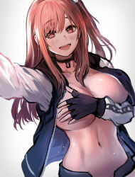 Rule 34 | 1girl, ;d, absurdres, arm up, bad id, bad pixiv id, black gloves, black jacket, blush, breasts, cleavage, commission, covering privates, covering breasts, dead or alive, fingerless gloves, gloves, gradient hair, grey background, highres, honoka (doa), jacket, large breasts, long hair, long sleeves, multicolored hair, navel, no bra, one eye closed, one side up, open clothes, open jacket, open mouth, outstretched arm, red eyes, red hair, selfie, sidelocks, smile, solo, stomach, suru (ksoo420), unzipped, upper body, white sleeves
