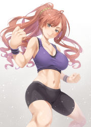 Rule 34 | 1girl, absurdres, arisugawa natsuha, bike shorts, black shorts, blush, breasts, brown hair, cleavage, clenched hands, collarbone, commentary request, cowboy shot, grey eyes, head tilt, highres, idolmaster, idolmaster shiny colors, large breasts, long hair, looking at viewer, mukunokino isshiki, ponytail, purple tank top, shirt, shorts, smile, solo, tank top, taut clothes, taut shirt