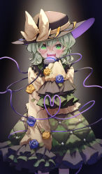 Rule 34 | 1girl, black background, black hat, blue flower, blue rose, blush, bow, commentary, cowboy shot, eyes visible through hair, fangs, flower, frilled skirt, frilled sleeves, frills, gradient background, green eyes, green skirt, hair between eyes, hat, hat bow, heart, heart of string, highres, komeiji koishi, light green hair, long sleeves, looking at viewer, open mouth, rose, shirt, short hair, simple background, skirt, sleeves past fingers, sleeves past wrists, smile, solo, standing, stitches, syuri22, third eye, touhou, wide sleeves, yellow bow, yellow flower, yellow rose, yellow shirt