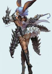 Rule 34 | 1girl, animal ears, armor, armored boots, ass, blue hair, boots, closed mouth, dark-skinned female, dark skin, from behind, gauntlets, green eyes, highres, holding, holding weapon, jonpei, rabbit ears, short hair, skirt, solo, sword, tassel, viera, weapon