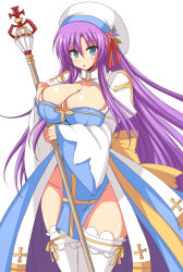 Rule 34 | 1990s (style), 1girl, afuro, blue eyes, breasts, cleavage, curvy, faris scherwiz, female focus, final fantasy, final fantasy v, hat, huge breasts, long hair, panties, purple hair, retro artstyle, simple background, solo, staff, standing, thighhighs, thighs, underwear, white background, white panties, white thighhighs