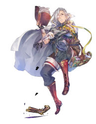 Rule 34 | 1boy, atelier (series), atelier firis, bag, book, boots, capelet, fingerless gloves, full body, glasses, gloves, grey hair, gun, hair over one eye, highres, kald lau, male focus, official art, purple eyes, simple background, solo, tecmo, teeth, weapon, white background, yuugen