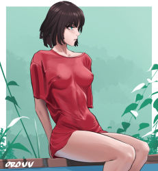 Rule 34 | 1girl, artist name, black hair, border, breasts, fubuki (one-punch man), green eyes, highres, looking away, medium breasts, no bra, no pants, one-punch man, orouu, outdoors, red shirt, shirt, short hair, sitting, sitting on object, solo, wet, wet clothes, wet shirt, white border