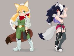 Rule 34 | 2girls, animal ears, arm under breasts, armored boots, bare arms, bare shoulders, belt, black hair, blonde hair, boots, bra, breasts, closed mouth, collared jacket, cosplay, eyebrows, ezo red fox (kemono friends), fang, fingernails, fox ears, fox mccloud, fox mccloud (cosplay), fox tail, full body, fur collar, garter belt, garter straps, gloves, graphite (medium), green eyes, grey background, grey hair, grey wolf (kemono friends), grin, gun, hair between eyes, hand on own hip, hand up, handgun, headset, high collar, high heels, highres, holding, holding gun, holding weapon, jacket, jumpsuit, kemono friends, knee pads, long hair, long sleeves, looking at viewer, multicolored hair, multiple girls, nail polish, nat (gsx-r1300), nintendo, open clothes, open vest, red eyes, scarf, sharp fingernails, shoes, short shorts, shorts, simple background, smile, standing, star fox, tail, thighhighs, traditional media, tsurime, two-tone hair, underwear, vest, weapon, white hair, wolf ears, wolf o&#039;donnell, wolf o&#039;donnell (cosplay), wolf tail, zipper pull tab
