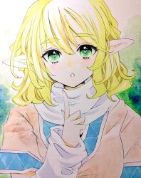Rule 34 | 1girl, :o, arm warmers, blonde hair, blush, brown shirt, commentary, green eyes, hair between eyes, heart, heart-shaped pupils, index finger raised, long bangs, looking at viewer, marker (medium), matsuppoi, medium hair, mizuhashi parsee, open mouth, parsee day, shirt, short sleeves, solo, symbol-shaped pupils, touhou, traditional media, upper body