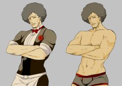 Rule 34 | 1boy, afro, apron, black hair, bow, bowtie, corsage, crossed arms, flower, ace attorney investigations, ace attorney investigations 2, ace attorney, issei tenkai, male focus, muscular, pncnmmm, topless male, tenkai issei