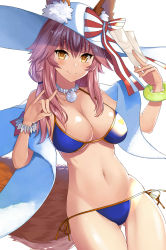 Rule 34 | 1girl, absurdres, animal ears, asato (fadeless), bikini, blue bikini, blush, bow, bracelet, breasts, cleavage, closed mouth, fate/grand order, fate (series), fox ears, fox tail, halterneck, hat, hat bow, highres, jewelry, large breasts, long hair, looking at viewer, navel, necklace, pink hair, side-tie bikini bottom, simple background, smile, solo, string bikini, striped, striped bow, swimsuit, tail, tamamo (fate), tamamo no mae (fate/extra), tamamo no mae (swimsuit lancer) (fate), tamamo no mae (swimsuit lancer) (third ascension) (fate), white background, yellow eyes