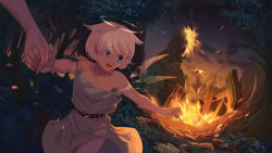 Rule 34 | 1girl, angel, bad id, bad pixiv id, bare arms, blue eyes, building, burning, detached wings, dress, dutch angle, fantasy, fire, fleeing, gem, hair flaps, halo, highres, holding hands, jewelry, unworn jewelry, looking back, necklace, unworn necklace, night, open mouth, original, out of frame, outdoors, outstretched arms, running, sash, short hair, sky, sleeveless, sleeveless dress, solo focus, strap gap, torn clothes, torn neckwear, transparent wings, tree, wangxiii, white dress, white hair, wings
