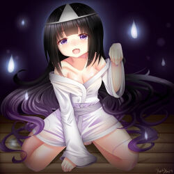 Rule 34 | 1girl, artist request, black hair, character request, commentary request, copyright request, dress, happy, kyoto (kyoppai), looking at viewer, multicolored hair, non-web source, original, purple eyes, purple hair, smile, solo, two-tone hair, white dress