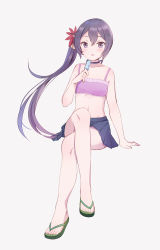 Rule 34 | 1girl, akebono (kancolle), bell, bikini, bikini top only, blush, choker, collarbone, commentary request, crossed legs, emia wang, flower, food, frilled bikini, frills, full body, green footwear, hair bell, hair between eyes, hair flower, hair ornament, highres, holding, kantai collection, legs, long hair, looking at viewer, navel, popsicle, purple eyes, purple hair, side ponytail, simple background, skirt, slippers, solo, swimsuit, tongue, tongue out, very long hair