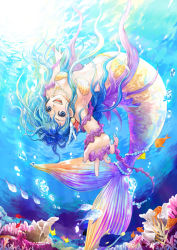 Rule 34 | 1girl, :d, arched back, bad id, bad pixiv id, blue eyes, blue hair, bubble, coral, eyelashes, fins, fish, foreshortening, gem, hair ornament, jewelry, looking at viewer, matching hair/eyes, mermaid, messy hair, monster girl, nanano ayano, necklace, open mouth, original, outstretched arm, pearl (gemstone), pearl necklace, scales, seashell, seaweed, shell, shell bikini, smile, solo, sunlight, underwater, upside-down