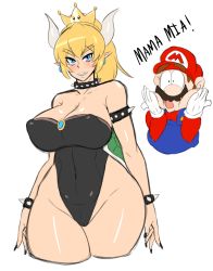 Rule 34 | 1boy, 1girl, blush, bowsette, breasts, cleavage, covered navel, crown, curvy, duo kawa, english text, groin, hetero, hip focus, horns, large breasts, leotard, mario, mario (series), new super mario bros. u deluxe, nintendo, smile, speech bubble, super crown, text focus, wide hips