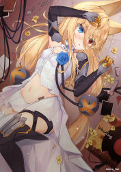 Rule 34 | 1girl, absurdres, animal ears, barcode, barcode tattoo, blonde hair, blue eyes, commentary request, flower, g41 (girls&#039; frontline), girls&#039; frontline, hair between eyes, hair ornament, heterochromia, highres, long hair, lying, mechanical arms, midriff, navel, on back, open mouth, petals, red eyes, single mechanical arm, solo, tattoo, thighhighs, twintails, very long hair, yeosi