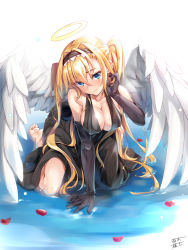 Rule 34 | 1girl, 3:, angel, angel wings, arm support, barefoot, black dress, black gloves, blonde hair, blue eyes, blush, breasts, cleavage, closed mouth, commentary request, dress, elbow gloves, gloves, hair between eyes, tucking hair, hairband, halo, highres, large breasts, leaning forward, long hair, looking at viewer, moeki yuuta, original, petals, sitting, solo, two side up, very long hair, wariza, wings