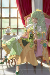 Rule 34 | armchair, chair, cup, curtains, dress, frilled dress, frills, full body, gloves, green hair, grin, hair ribbon, high heels, long hair, lowres, ponytail, ribbon, shoes, short sleeves, sitting, smile, solo, sword girls, table, teacup, teapot, wavy hair, window, yellow eyes