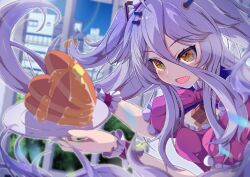 Rule 34 | 1girl, ahoge, breasts, butter, cleavage cutout, clothing cutout, danball shiro, food, gradient hair, grey hair, hair between eyes, hair ornament, hairpin, henya the genius, highres, long bangs, long hair, looking at viewer, maid, maple syrup, multicolored hair, open mouth, pancake, pancake stack, purple hair, small breasts, smile, solo, two side up, virtual youtuber, vshojo, white wrist cuffs, wrist cuffs