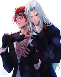 Rule 34 | 2boys, aqua eyes, arm around shoulder, black gloves, black jacket, blush, closed eyes, earrings, facial mark, final fantasy, final fantasy vii, final fantasy vii remake, fingerless gloves, gloves, goggles, goggles on head, grey hair, hair between eyes, hair over shoulder, hand on another&#039;s chest, highres, jacket, jewelry, long bangs, long hair, long sleeves, low ponytail, male focus, multiple boys, official alternate costume, one eye closed, parted bangs, parted lips, reno (ff7), sephiroth, shirt, short hair with long locks, single earring, smile, spiked hair, spykeee, suit jacket, twitter username, upper body, watermark, white background, white shirt, yaoi