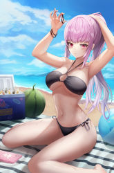 Rule 34 | 1girl, armpits, arms up, bare arms, bare legs, bare shoulders, beach, beach mat, bikini, black bikini, breasts, cleavage, cooler, day, food, fruit, halterneck, highres, holding, hololive, hololive english, large breasts, long hair, looking at viewer, mori calliope, navel, outdoors, pink hair, ponytail, red eyes, side-tie bikini bottom, sitting, slime nyang, solo, stomach, swimsuit, thighs, tying hair, virtual youtuber, wariza, watermelon, wet, wristband