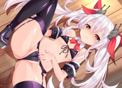 Rule 34 | 1girl, ass, azur lane, black panties, black thighhighs, blush, bow, bowtie, breasts, cameltoe, detached collar, hair ribbon, heart, heart-shaped pupils, long hair, looking at viewer, lying, nail polish, nekomicha, on back, panties, pink nails, red bow, red bowtie, red eyes, ribbon, smile, solo, spread legs, symbol-shaped pupils, thighhighs, twintails, underboob, underwear, vampire (azur lane), white hair