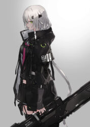 Rule 34 | 1girl, black coat, black serafuku, black shirt, black thighhighs, blush, breasts, clothes writing, coat, commentary request, cowboy shot, from side, garter straps, gradient background, green eyes, grey background, hair between eyes, hair ornament, headpiece, heavily armed high school girls, highres, holding, hood, hood down, hooded coat, ichi (heavily armed high school girls), ichi (neco), jewelry, long hair, long sleeves, looking at viewer, medium breasts, midriff, miniskirt, neckerchief, neco, open clothes, open coat, popped collar, profile, purple neckerchief, revision, ribbed sweater, ring, school uniform, serafuku, shirt, simple background, skirt, sleeves past wrists, solo, sweater, thighhighs, unzipped, weapon, zettai ryouiki, zipper
