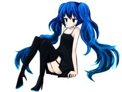Rule 34 | 1girl, ass, blue eyes, blue hair, boots, female focus, full body, garter straps, hatsune miku, high heels, long hair, matching hair/eyes, morina nao, shoes, simple background, sitting, solo, thigh boots, thighhighs, twintails, very long hair, vocaloid, white background