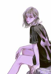 Rule 34 | 1girl, aespa, black eyes, black shirt, commentary, grey hair, jewelry, kim srm, looking at viewer, medium hair, real life, ring, shirt, short hair, simple background, sitting, solo, symbol-only commentary, twitter username, white background, winter (aespa)