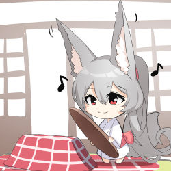 Rule 34 | 1girl, absurdly long hair, animal ear fluff, animal ears, chibi, closed mouth, commentary request, eighth note, fox ears, fox girl, fox tail, grey hair, hair between eyes, highres, holding, indoors, japanese clothes, kimono, kotatsu, long hair, long sleeves, motion lines, musical note, original, ponytail, red eyes, smile, solo, standing, table, tail, very long hair, white kimono, wide sleeves, yuuji (yukimimi)