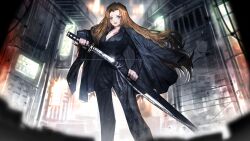 Rule 34 | 1girl, black jacket, black pants, black shirt, blue eyes, breasts, brown hair, chest tattoo, game cg, highres, holding, holding sword, holding weapon, jacket, jacket on shoulders, katana, large breasts, limbus company, long hair, mole, mole under eye, nai ga, official art, open clothes, open jacket, outdoors, pants, project moon, rain, rodion (project moon), sheath, shirt, sidelocks, solo, standing, sword, tattoo, unsheathing, weapon