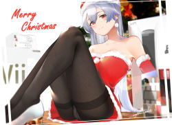 Rule 34 | 1girl, absurdres, alternate costume, bare shoulders, black pantyhose, blush, breasts, collarbone, commentary request, dress, earrings, elbow gloves, fate/grand order, fate (series), fur-trimmed dress, fur-trimmed gloves, fur-trimmed headwear, fur trim, game console, gloves, hair between eyes, hat, highres, jewelry, long hair, looking at viewer, medium breasts, merry christmas, panties, panties under pantyhose, pantyhose, red dress, red eyes, red gloves, red hat, santa dress, santa hat, signature, silver hair, sitting, sleeveless, sleeveless dress, smile, solo, strapless, strapless dress, thighband pantyhose, tomoe gozen (fate), underwear, vegetablenabe, very long hair, white footwear, wii