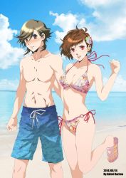 Rule 34 | 1boy, 1girl, aged up, amada ken, arm up, beach, bikini, blue male swimwear, blue swim trunks, blush, breasts, brown eyes, brown hair, cleavage, cloud, day, flip-flops, floral print, flower, flower on head, hair flower, hair ornament, highres, large breasts, littlewing-fordreamer, looking at another, looking at viewer, male swimwear, midriff, navel, o-ring, o-ring bottom, o-ring top, ocean, open mouth, outdoors, persona, persona 3, persona 3 portable, persona 4, persona 4: the ultimate in mayonaka arena, persona 4: the ultimax ultra suplex hold, print bikini, print male swimwear, print swim trunks, print swimsuit, red eyes, sandals, shiomi kotone, short hair, side-tie bikini bottom, sky, smile, star (symbol), star print, swim trunks, swimsuit