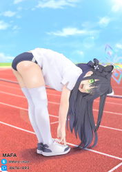 Rule 34 | 1girl, animal ear fluff, animal ears, artist name, ass, bent over, black hair, blue archive, blue buruma, buruma, cloud, from side, green eyes, gym uniform, highres, legs, long hair, looking at viewer, mafa (gwsu8222), open mouth, outdoors, running track, shirt, shoes, short sleeves, shun (blue archive), shun (small) (blue archive), sky, smile, solo, stretching, thighhighs, thighs, tiger ears, tiger girl, track and field, watermark, white footwear, white shirt, white thighhighs