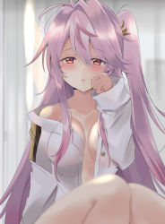 Rule 34 | ahoge, alternate costume, azur lane, blurry, blurry foreground, blush, breasts, curtains, grenville (azur lane), hair between eyes, hair ornament, highres, jacket, long hair, looking at viewer, medium breasts, open clothes, open mouth, purple hair, red eyes, tonchinkan, waking up