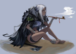 Rule 34 | arknights, axe, bandaged arm, bandaged foot, bandages, beruko14, black cape, blue eyes, breasts, cape, dark-skinned female, dark skin, facepaint, from side, full body, grey background, grey hair, highres, holding, holding smoking pipe, inam (arknights), long hair, medium breasts, revealing clothes, simple background, sitting, smoking, smoking pipe, thigh strap