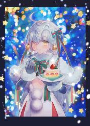 Rule 34 | 1girl, absurdres, ahoge, bad id, bad pixiv id, bell, black bra, black gloves, blurry, blush, bokeh, border, bow, bowtie, bra, bright pupils, cake, cake slice, capelet, depth of field, dress, eating, elbow gloves, fate/grand order, fate (series), food, fork, fruit, fur-trimmed gloves, fur trim, glint, gloves, green bow, green bowtie, hair bow, headpiece, highres, jeanne d&#039;arc (fate), jeanne d&#039;arc alter santa lily (fate), long hair, looking at viewer, plate, pom pom (clothes), shutsuri, silver hair, solo, star (symbol), strawberry, striped bow, striped bowtie, striped clothes, striped neckwear, tareme, twitter username, underwear, upper body, very long hair, white dress, yellow eyes
