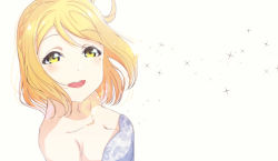 Rule 34 | 1girl, absurdres, artist name, artist request, bare shoulders, blonde hair, blush, braid, breasts, brown eyes, cleavage, collarbone, crown braid, dress, female focus, hair rings, highres, katomaru 486, looking at viewer, love live!, love live! sunshine!!, ohara mari, parted lips, short hair, small breasts, smile, solo, thank you friends!!, white background, white dress, yellow eyes