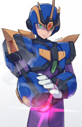 Rule 34 | 1boy, android, arm cannon, artist name, forehead jewel, glowing, green eyes, helmet, highres, looking at viewer, mega man (series), mega man x (series), simple background, smoke, solo, ultimate armor x (mega man), vani (hisha 04), weapon, white background, x (mega man)