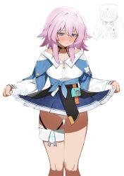 Rule 34 | 1girl, 1other, black choker, blue jacket, blue skirt, blush, breasts, buttons, camera, choker, cleavage, closed mouth, clothes lift, feet out of frame, flasso, hair between eyes, highres, honkai: star rail, honkai (series), jacket, lifting own clothes, long sleeves, looking at viewer, march 7th (honkai: star rail), medium breasts, panties, pink hair, pom-pom (honkai: star rail), shirt, short hair with long locks, skirt, skirt lift, standing, tied jacket, underwear, white background, white panties, white shirt