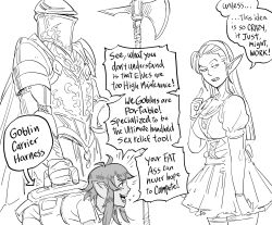 Rule 34 | 1boy, 2girls, armor, bb (baalbuddy), commentary, dress, elf, english commentary, english text, greyscale, halberd, headband, highres, holding, holding polearm, holding weapon, knight, monochrome, multiple girls, original, pointy ears, polearm, shortstack, simple background, speech bubble, weapon, white background