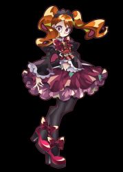 Rule 34 | 10s, 1girl, biburi (precure), black background, black hairband, black pantyhose, black shirt, blouse, bow, brown hair, brown hat, character doll, cure chocolat, doll, expressionless, full body, fusion, hairband, hat, holding, holding doll, kirakira precure a la mode, long hair, looking at viewer, pantyhose, precure, purple skirt, red bow, red eyes, red footwear, red hair, senmu (0107), shirt, shoes, simple background, skirt, solo, standing, top hat, twintails, usami ichika, wide-eyed